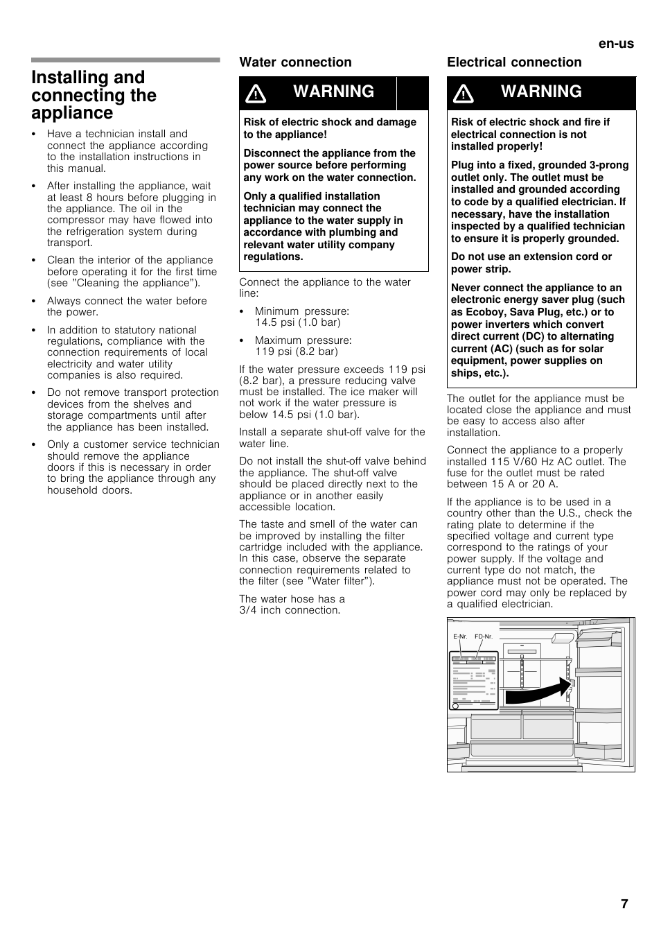 Installing and connecting the appliance, Warning | Bosch B26FT70SNS User Manual | Page 7 / 78