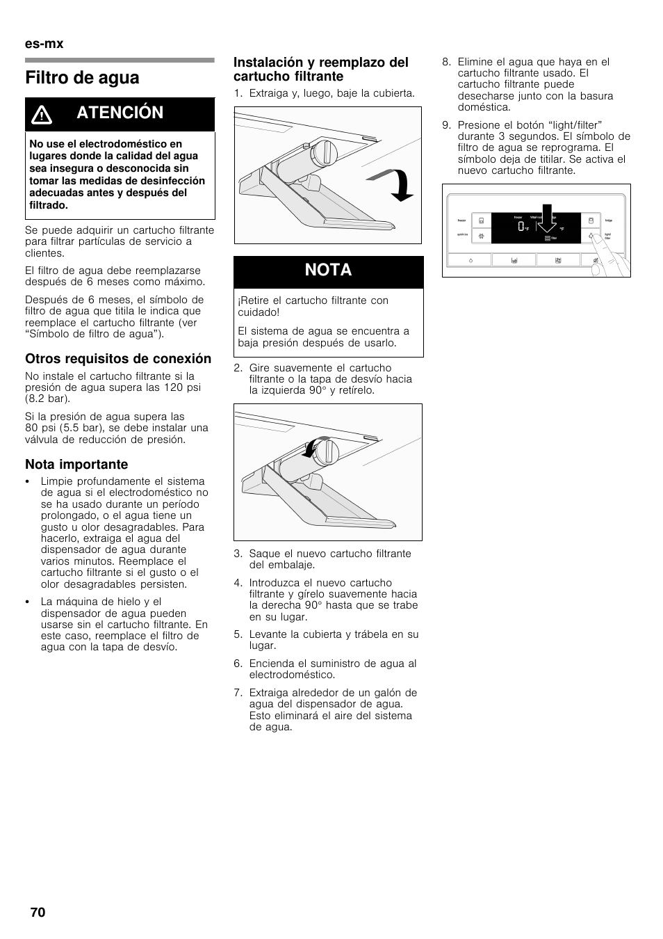 Filtro de agua, Atención, Nota | Bosch B26FT70SNS User Manual | Page 70 / 78