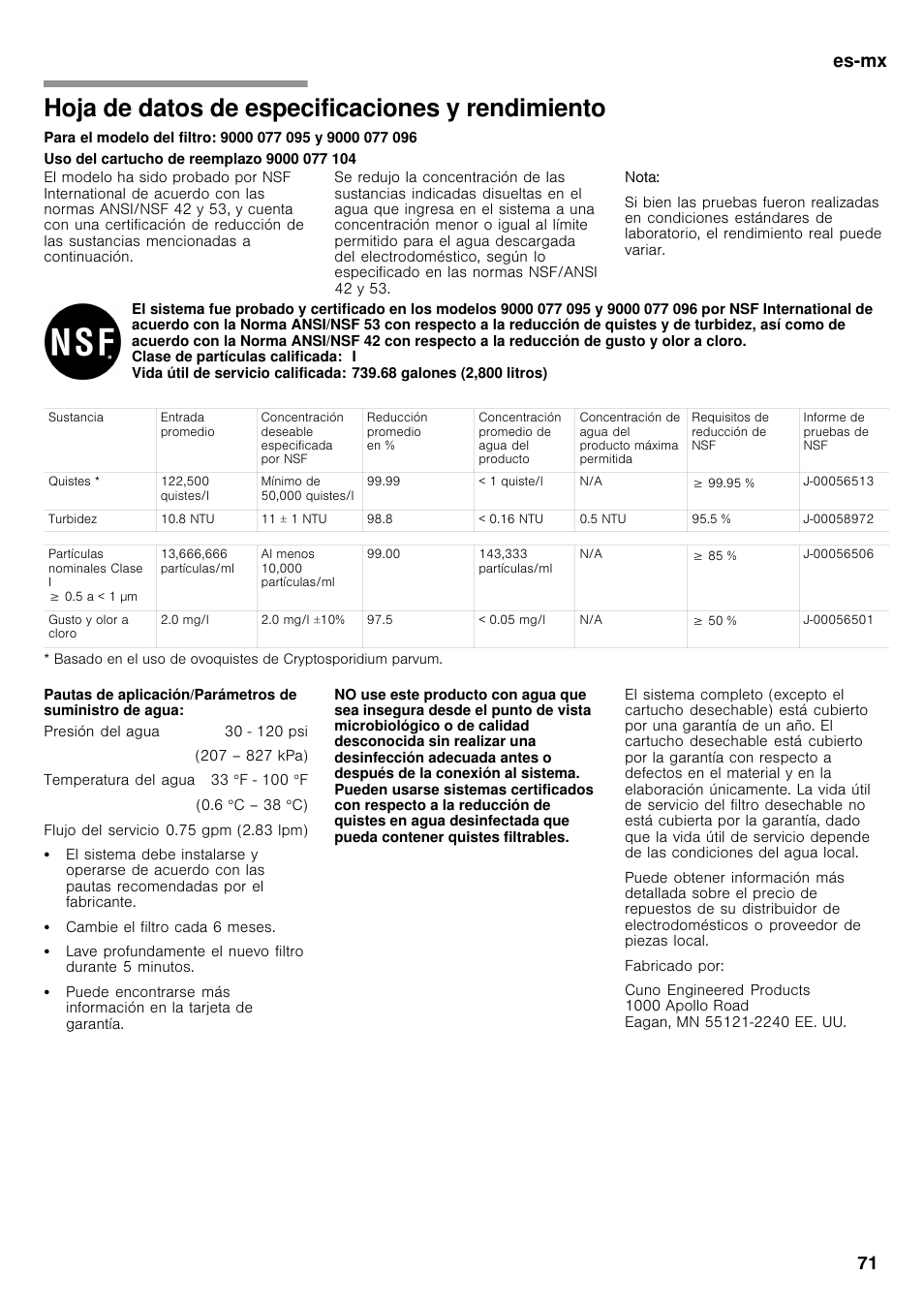 Hoja de datos de especificaciones, Y rendimiento, Hoja de datos de especificaciones y rendimiento | Es-mx 71 | Bosch B26FT70SNS User Manual | Page 71 / 78