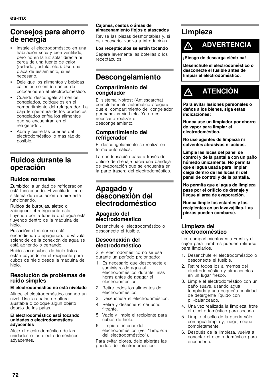 Consejos para ahorro de energía, Ruidos durante la operación, Descongelamiento | Apagado y desconexión del electrodoméstico, Limpieza, Advertencia, Atención | Bosch B26FT70SNS User Manual | Page 72 / 78