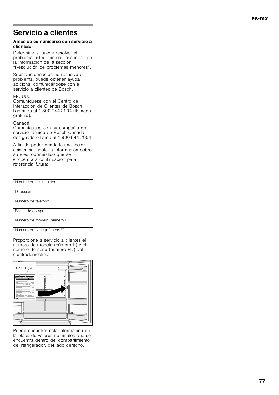 Servicio a clientes, Es-mx 77 | Bosch B26FT70SNS User Manual | Page 77 / 78