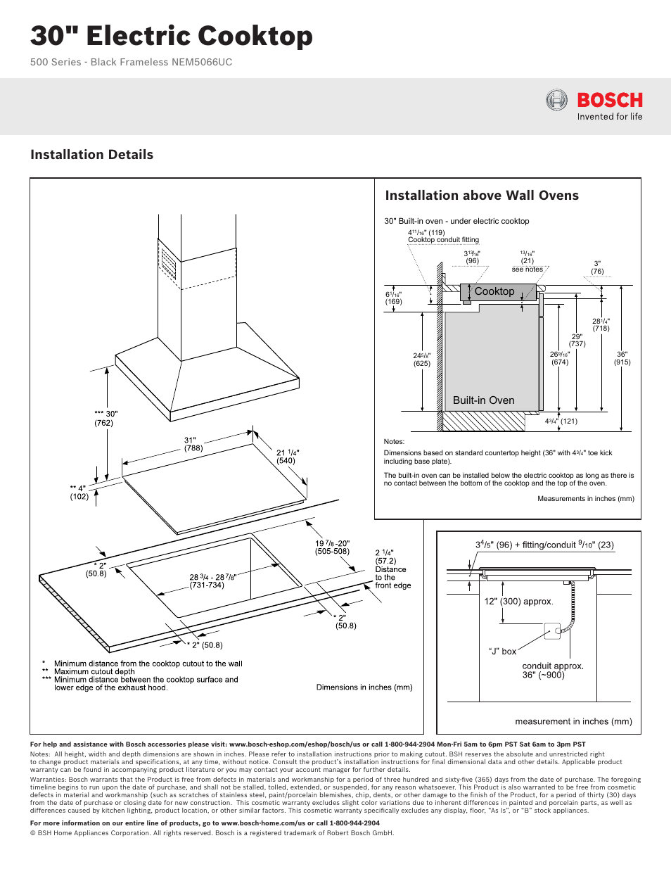 30" electric cooktop, Installation details, Installation above wall ovens | Cooktop built-in oven | Bosch NEM5066UC User Manual | Page 2 / 2