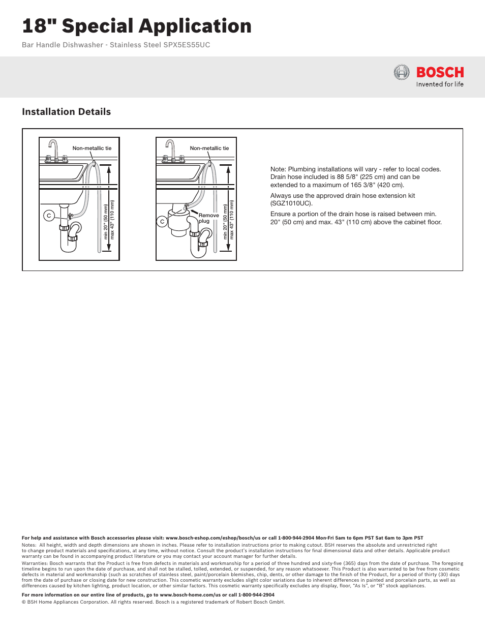 18" special application, Installation details | Bosch SPX5ES55UC User Manual | Page 3 / 3