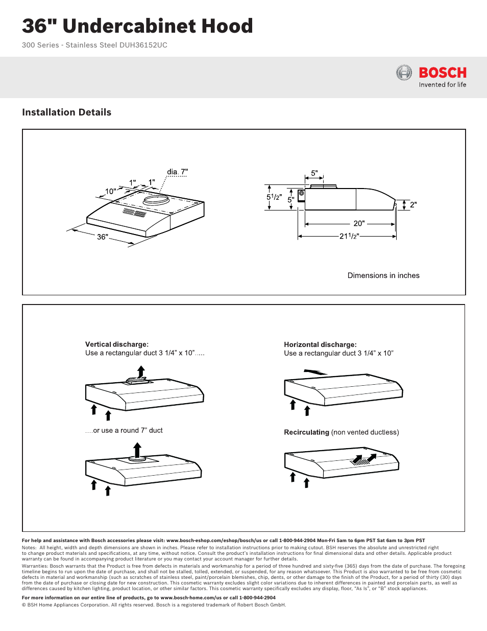 36" undercabinet hood, Installation details | Bosch DUH36152UC User Manual | Page 2 / 2