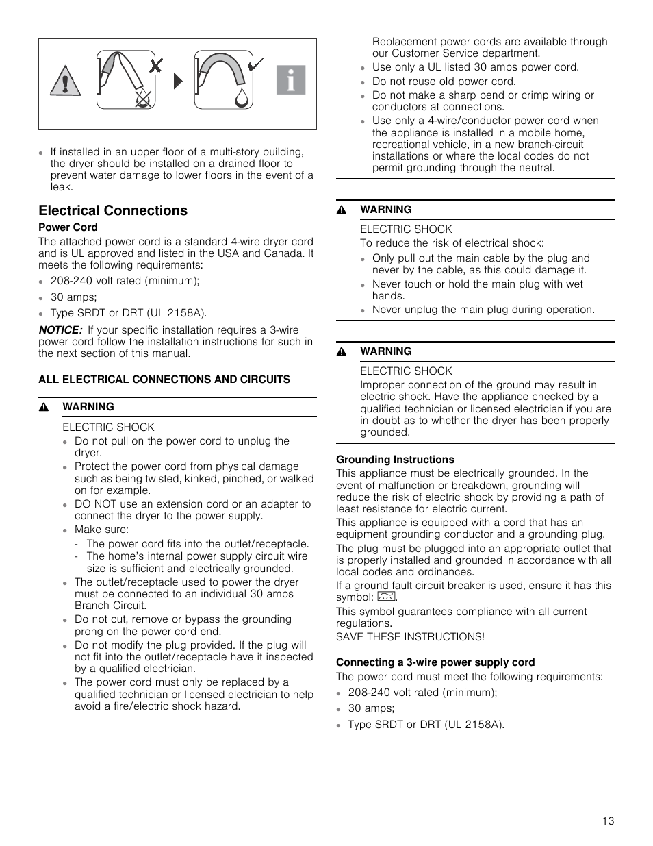 Electrical connections, Notice, 9 warning | Electric shock, To reduce the risk of electrical shock | Bosch WTB86202UC User Manual | Page 13 / 36