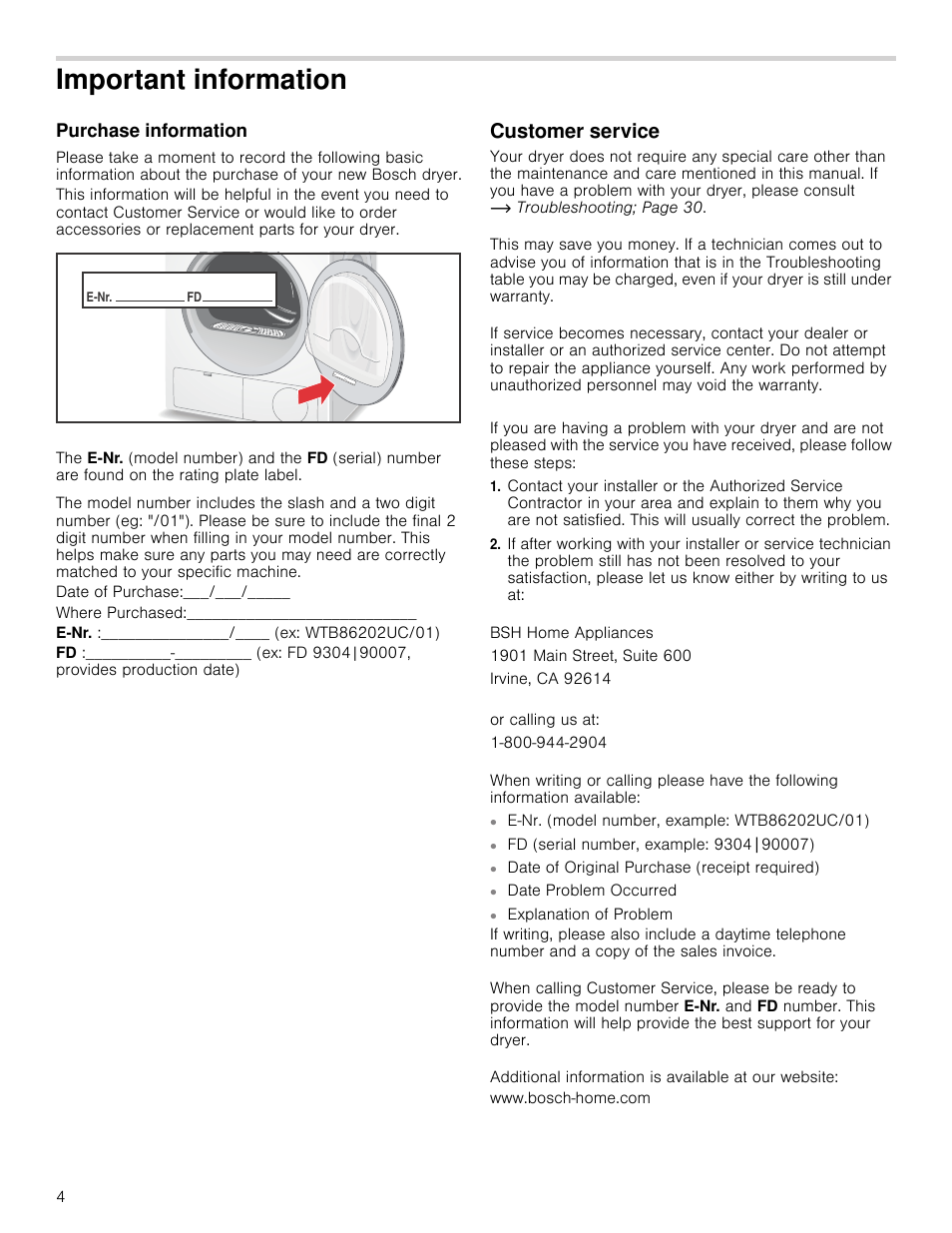 Important information, Purchase information, Customer service | Ormation purchase information customer service | Bosch WTB86202UC User Manual | Page 4 / 36