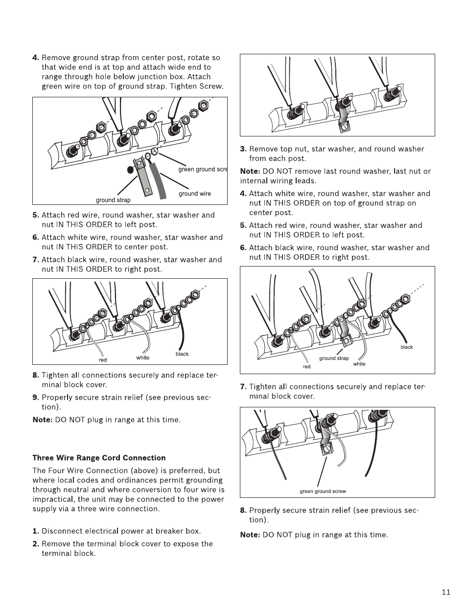 Three wire range cord connection | Bosch HDI7282U User Manual | Page 11 / 48