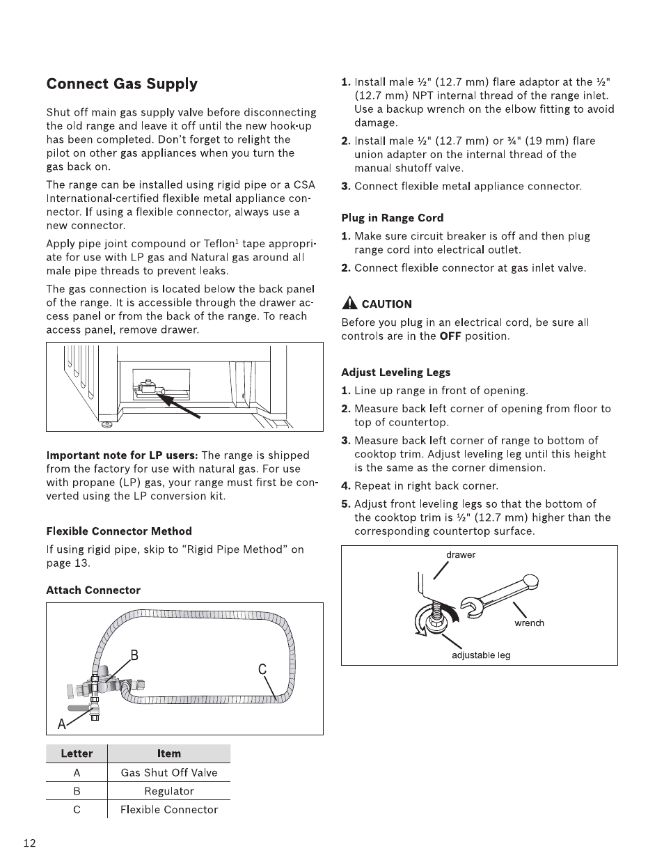 Flexible connector method, Attach connector, Plug in range cord | A caution, Adjust leveling legs, Connect gas supply | Bosch HDI7282U User Manual | Page 12 / 48
