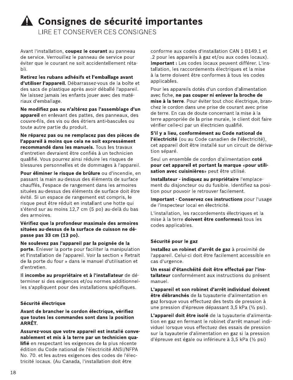 Sécurité électrique, Sécurité pour ie gaz, Consignes de sécurité importantes | Lire et conserver ces consignes | Bosch HDI7282U User Manual | Page 18 / 48