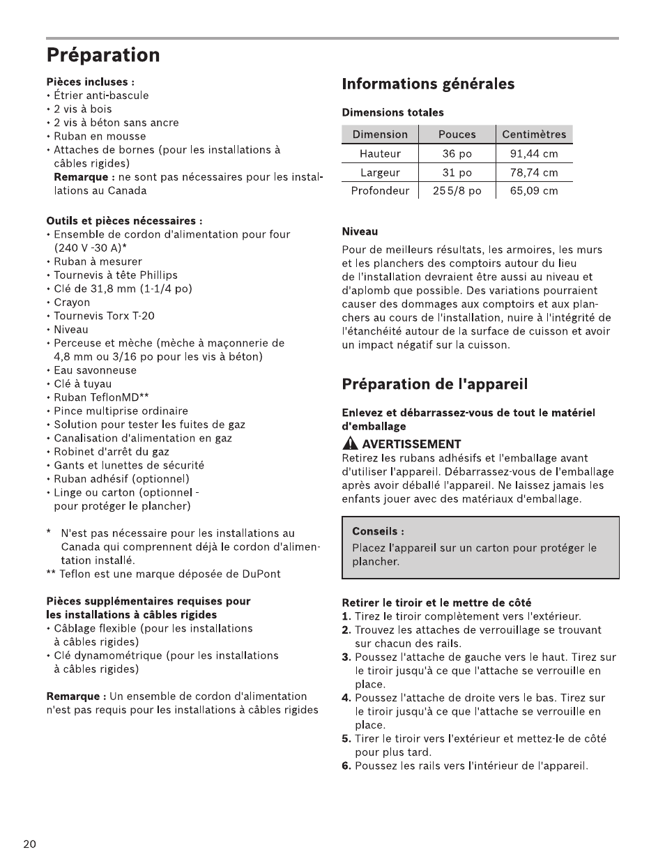 Préparation, Pièces incluses, Outils et pièces nécessaires | Niveau, A avertissement, Conseils, Retirer le tiroir et le mettre de côté, Informations générales, Préparation de l'appareil | Bosch HDI7282U User Manual | Page 20 / 48