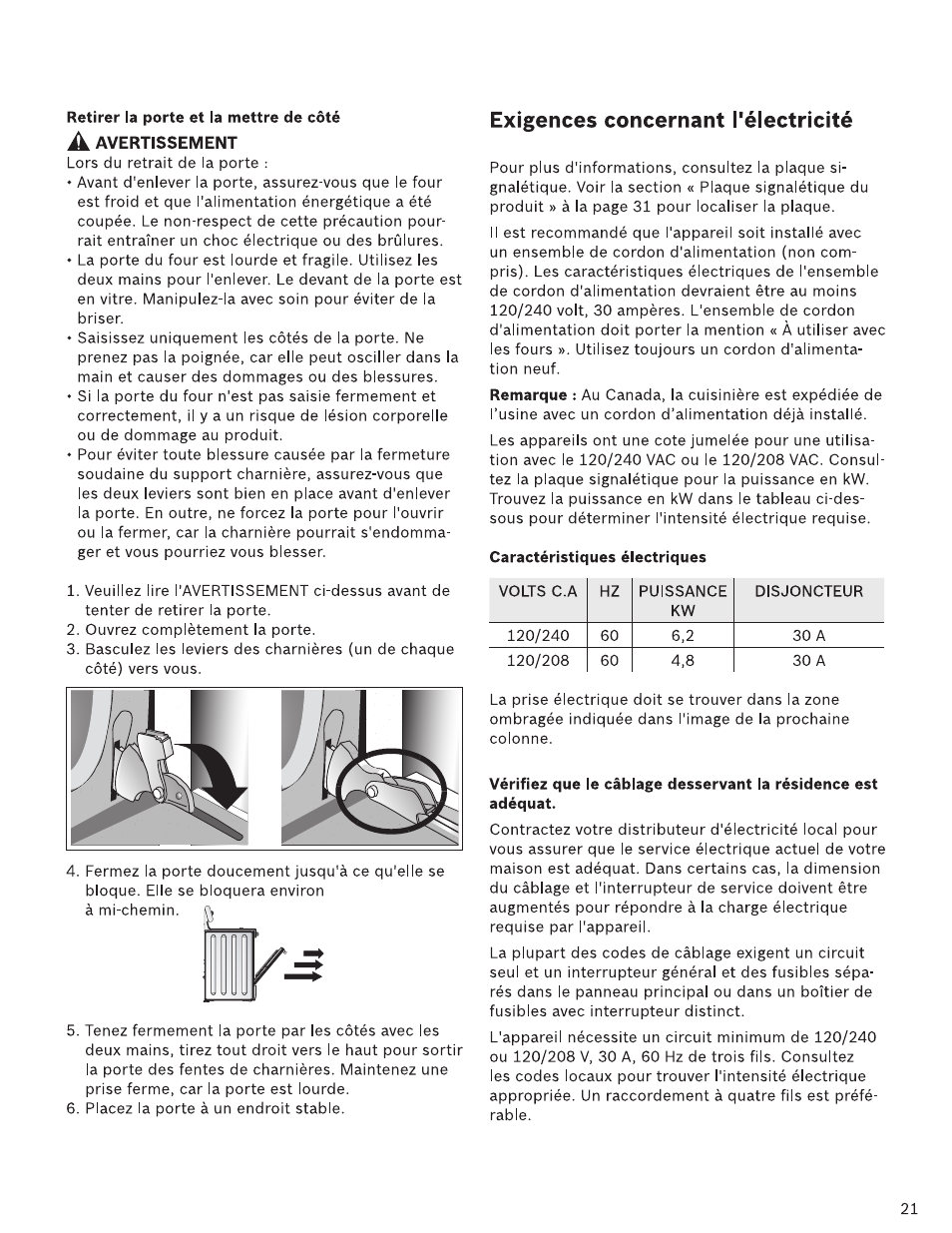 Retirer la porte et la mettre de côté, A avertissement, Caractéristiques électriques | Exigences concernant l'électricité | Bosch HDI7282U User Manual | Page 21 / 48