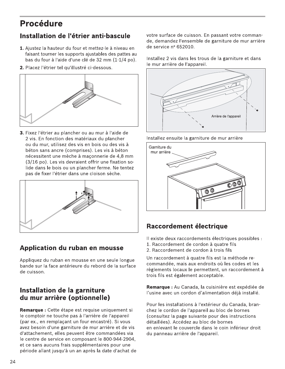 Procédure, Installation de l'étrier anti-bascuie, Application du ruban en mousse | Raccordement électrique | Bosch HDI7282U User Manual | Page 24 / 48