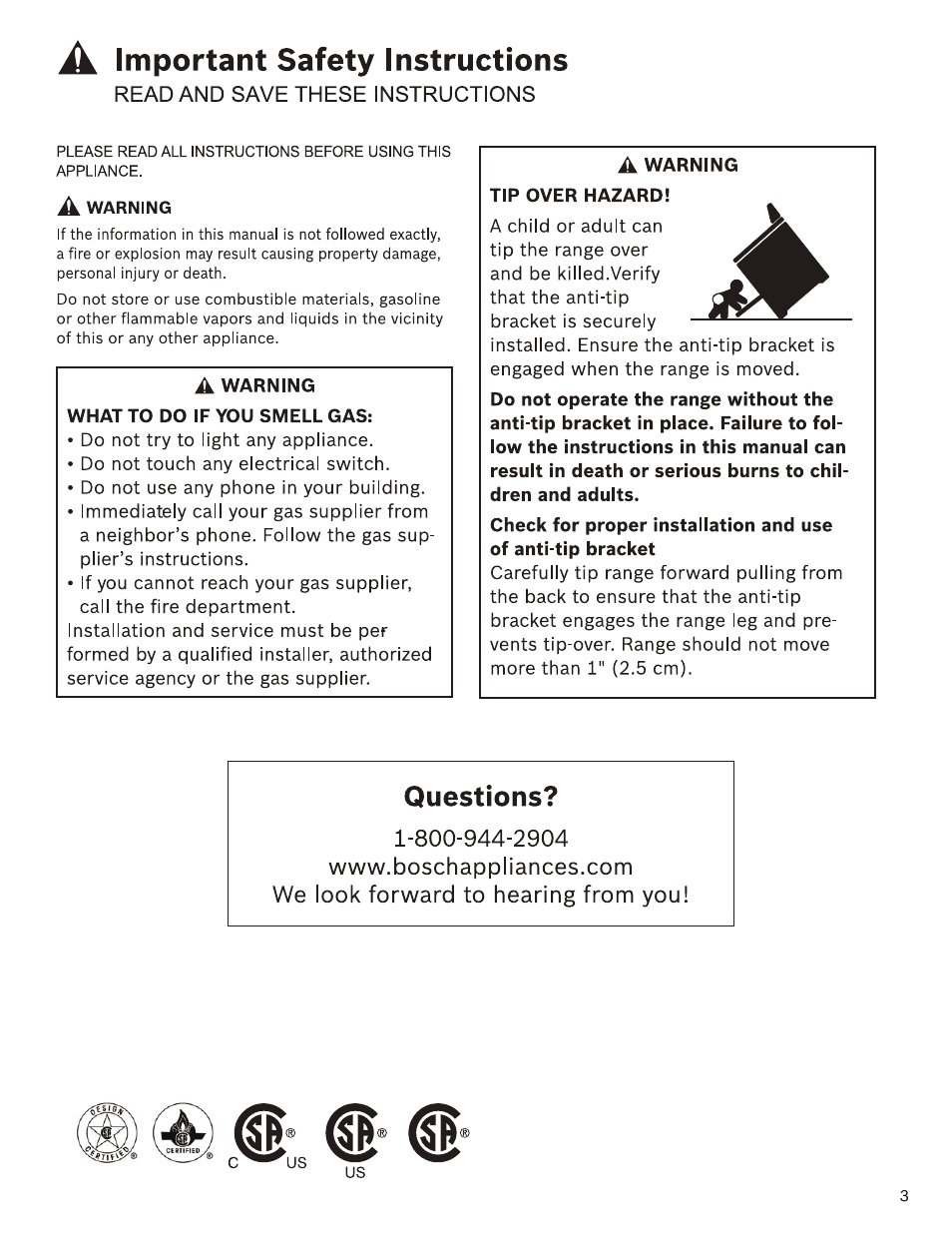 Questions, Important safety instructions | Bosch HDI7282U User Manual | Page 3 / 48