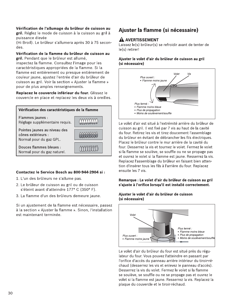 Vérification des caractéristiques de la flamme, Contactez le service bosch au 800-944-2904 si, Ajuster la flamme (si nécessaire) | Bosch HDI7282U User Manual | Page 30 / 48