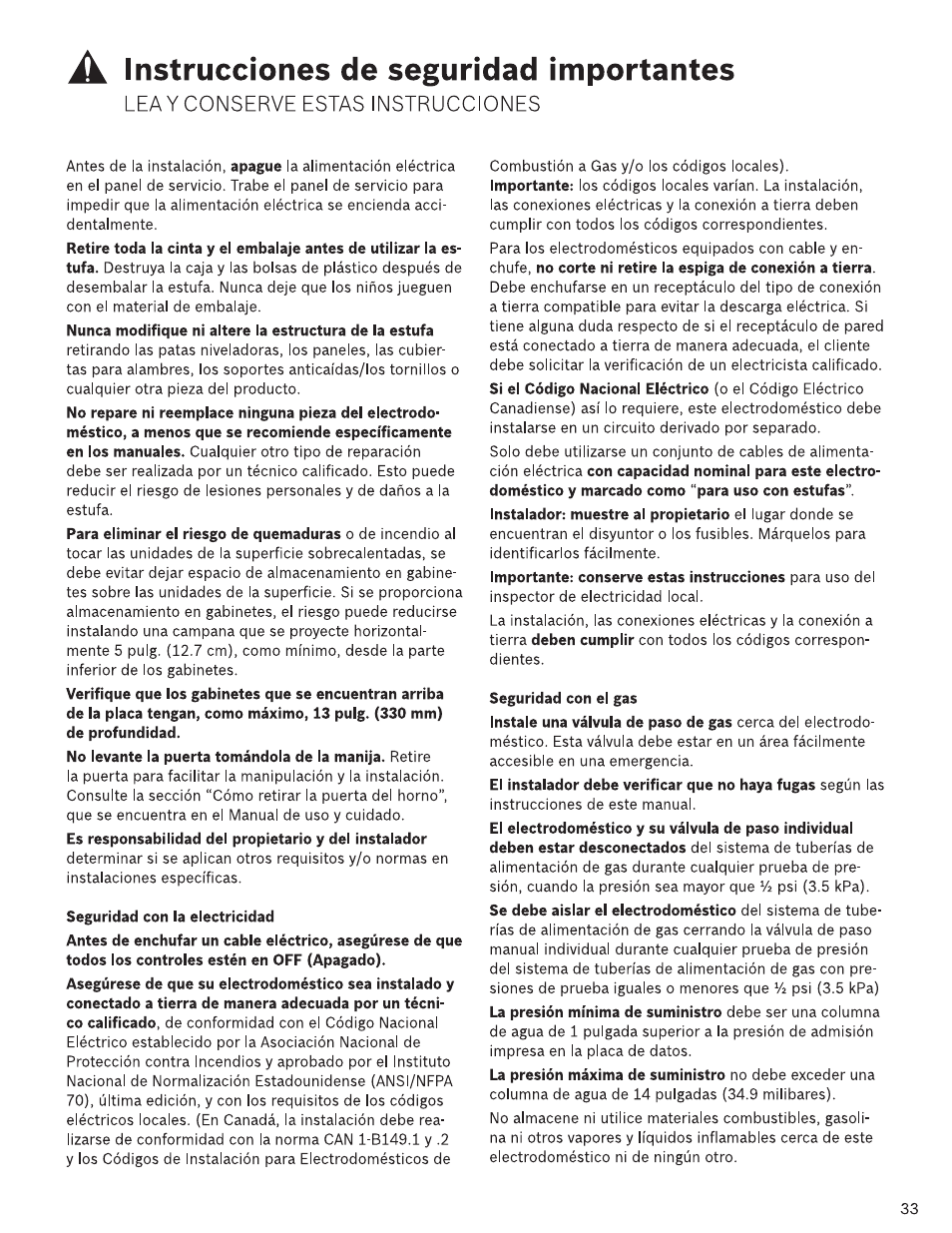 A instrucciones de seguridad importantes, Seguridad con la electricidad, Seguridad con el gas | Instrucciones de seguridad importantes, Lea y conserve estas instrucciones | Bosch HDI7282U User Manual | Page 33 / 48