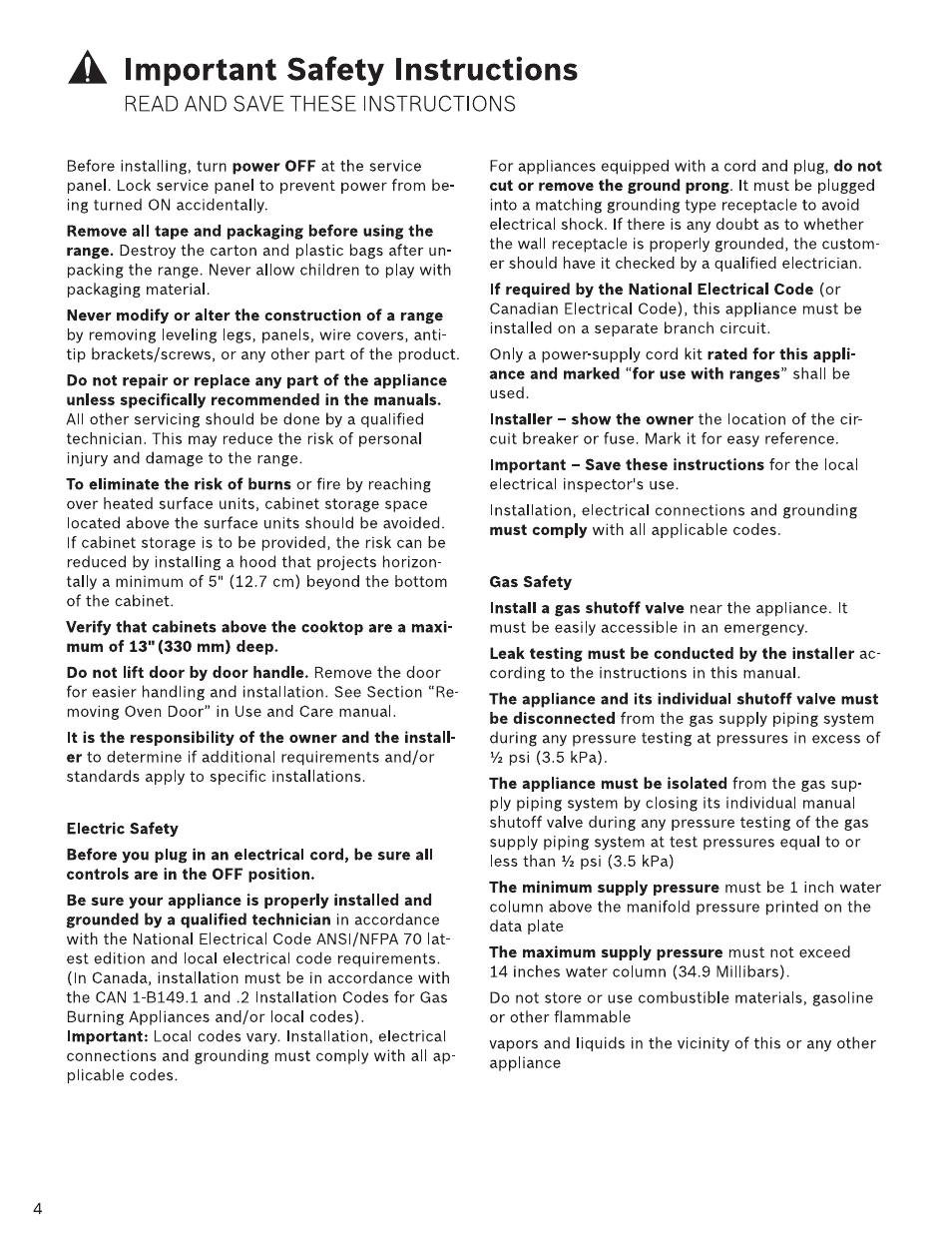 Electric safety, Gas safety, Important safety instructions | Read and save these instructions | Bosch HDI7282U User Manual | Page 4 / 48