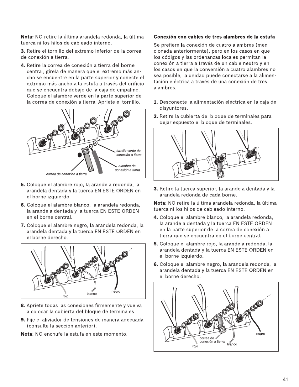 Conexión con cables de tres alambres de la estufa | Bosch HDI7282U User Manual | Page 41 / 48