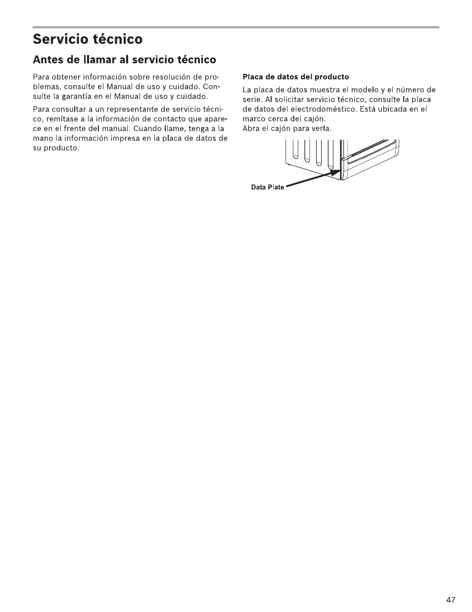 Servicio técnico, Placa de datos del producto, Antes de llamar al servicio técnico | Bosch HDI7282U User Manual | Page 47 / 48