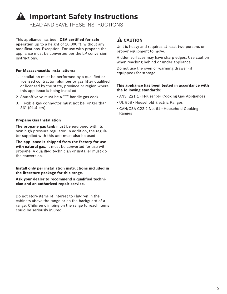 For massachusetts installations, Propane gas installation, Important safety instructions | Read and save these instructions | Bosch HDI7282U User Manual | Page 5 / 48