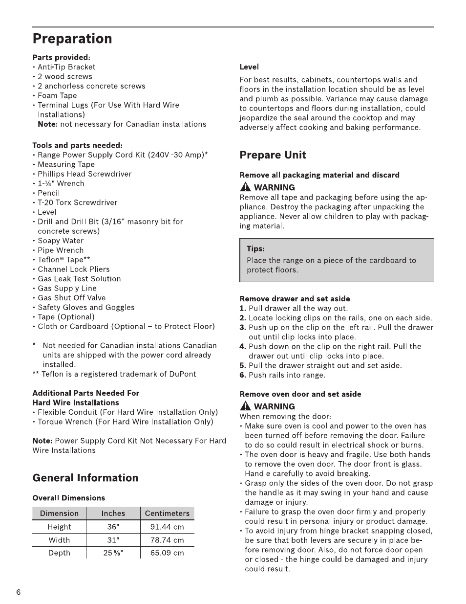 Preparation, Parts provided, Tools and parts needed | Level, Tips, Remove drawer and set aside, Remove oven door and set aside, General information, Prepare unit | Bosch HDI7282U User Manual | Page 6 / 48