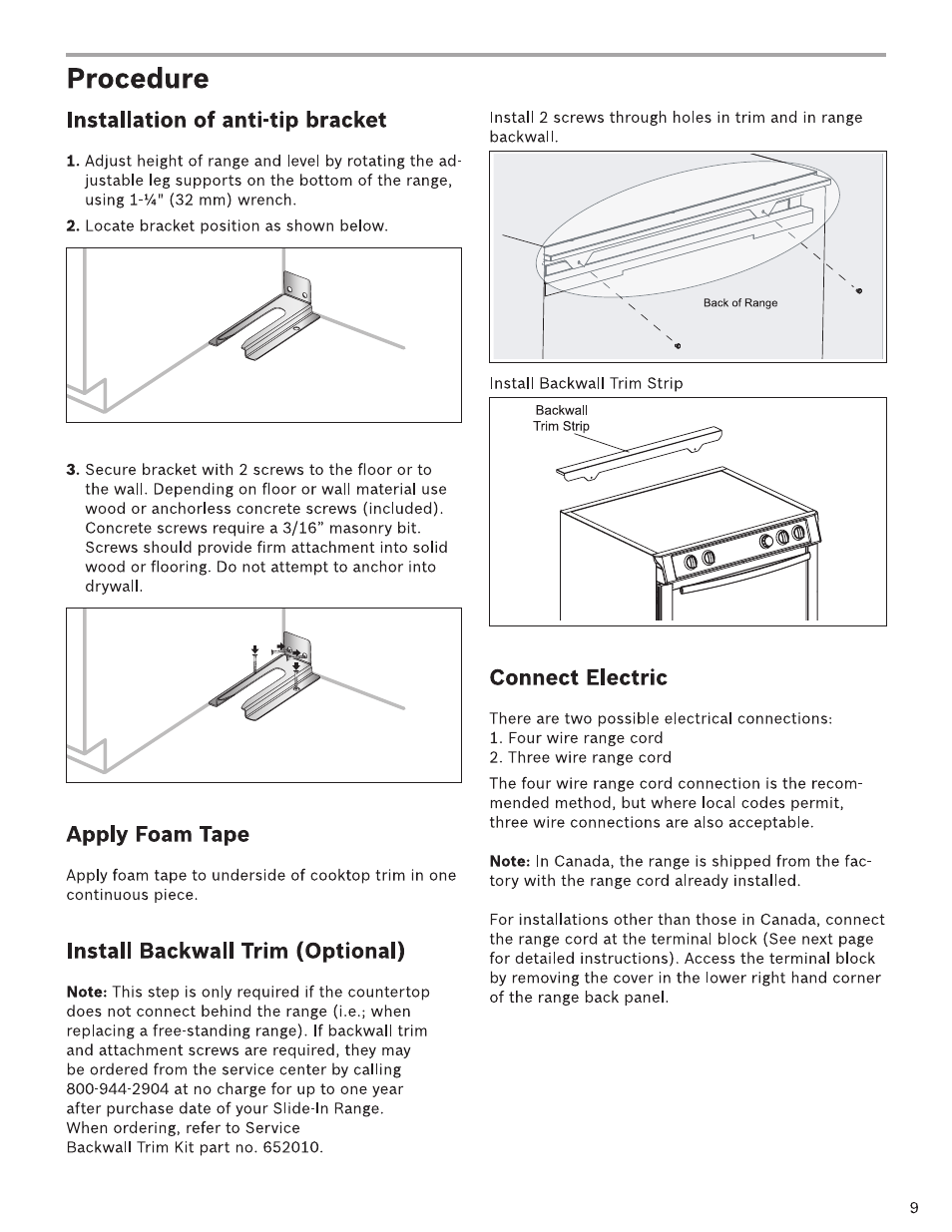 Procedure, Installation of anti-tip bracket, Appiy foam tape | Instaii backwali trim (optionai), Connect eiectric | Bosch HDI7282U User Manual | Page 9 / 48