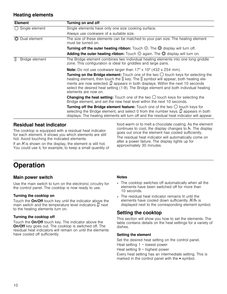 Heating elements, Residual heat indicator, Operation | Main power switch, Turning the cooktop on, Turning the cooktop off, Notes, Setting the cooktop, Setting the element, Set the desired heat setting on the control panel | Bosch NET8066SUC User Manual | Page 10 / 56