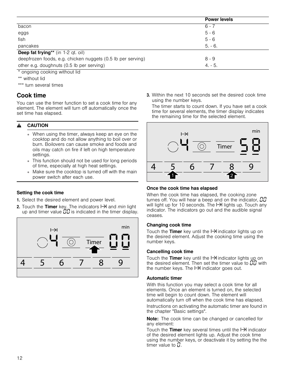 Cook time, 9 caution, Setting the cook time | Select the desired element and power level, Once the cook time has elapsed, Changing cook time, Cancelling cook time, Automatic timer, Note | Bosch NET8066SUC User Manual | Page 12 / 56