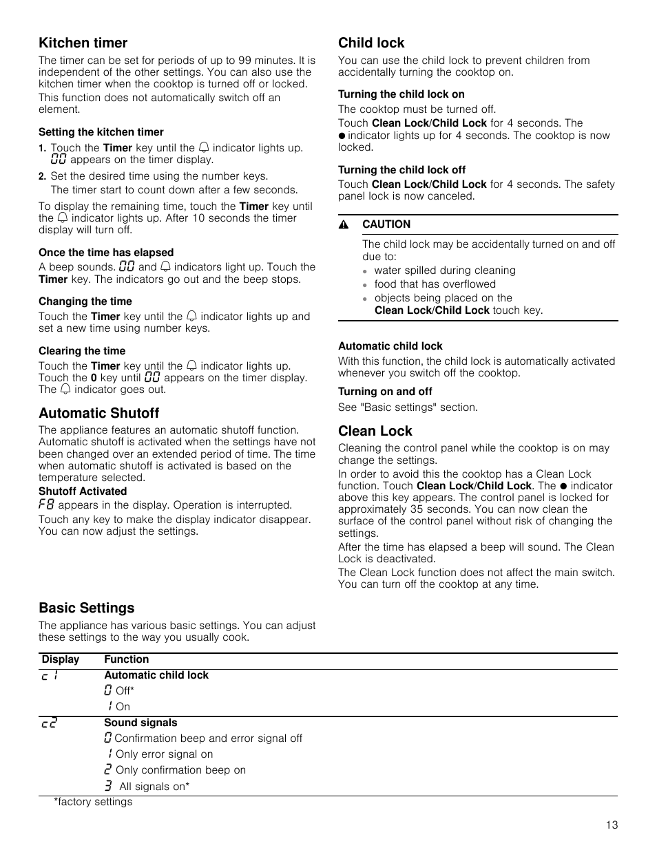 Kitchen timer, Setting the kitchen timer, Set the desired time using the number keys | Once the time has elapsed, Changing the time, Clearing the time, Automatic shutoff, Shutoff activated, Appears in the display. operation is interrupted, Child lock | Bosch NET8066SUC User Manual | Page 13 / 56