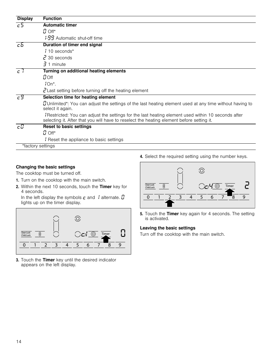 Changing the basic settings, The cooktop must be turned off, Turn on the cooktop with the main switch | Select the required setting using the number keys, Leaving the basic settings | Bosch NET8066SUC User Manual | Page 14 / 56