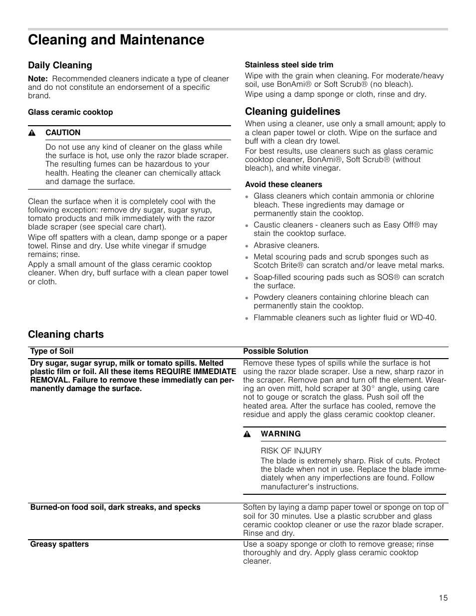 Cleaning and maintenance, Daily cleaning, Note | Glass ceramic cooktop, 9 caution, Stainless steel side trim, Cleaning guidelines, Avoid these cleaners, Cleaning charts, Risk of injury | Bosch NET8066SUC User Manual | Page 15 / 56