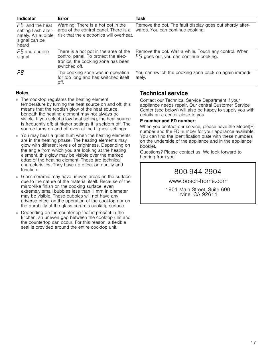 Notes, Technical service, E number and fd number | Zzzervfkkrphfrp | Bosch NET8066SUC User Manual | Page 17 / 56