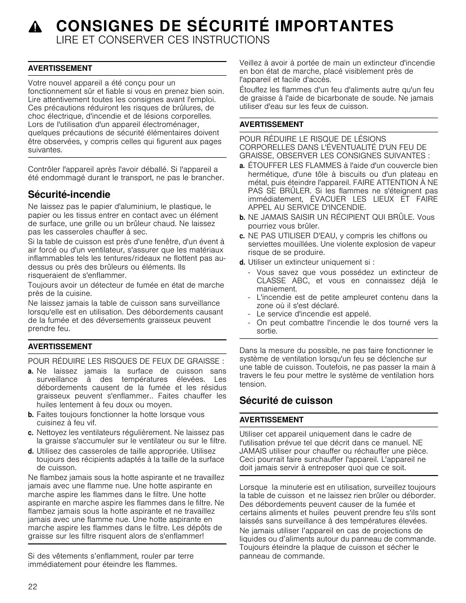 Consignes de sécurité importantes, Lire et conserver ces instructions, Avertissement | Sécurité-incendie, Pour réduire les risques de feux de graisse, D. utiliser un extincteur uniquement si, Sécurité de cuisson, Antes sécurité-incendie sécurité de cuisson | Bosch NET8066SUC User Manual | Page 22 / 56