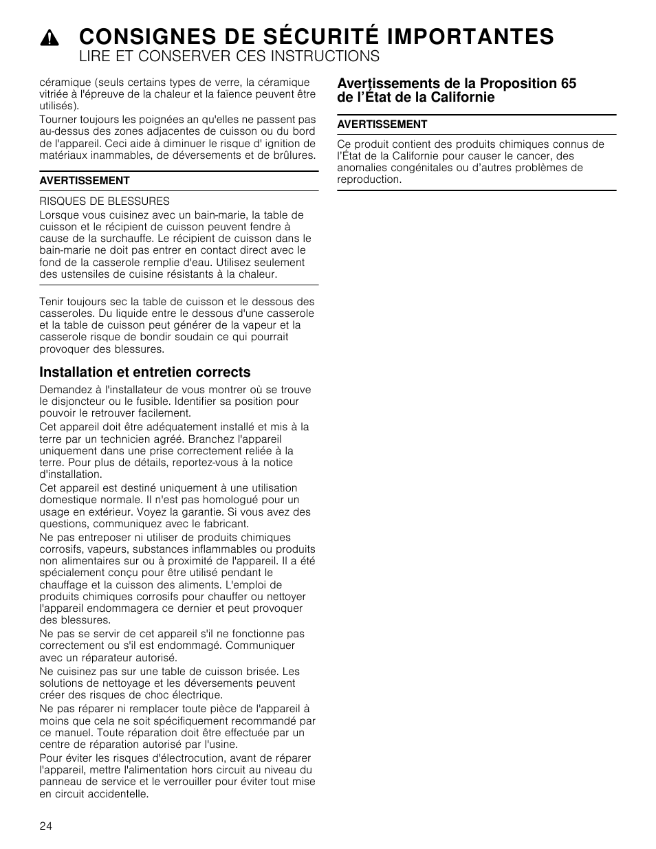 Avertissement, Risques de blessures, Installation et entretien corrects | De l’état de la californie, Consignes de sécurité importantes, Lire et conserver ces instructions | Bosch NET8066SUC User Manual | Page 24 / 56