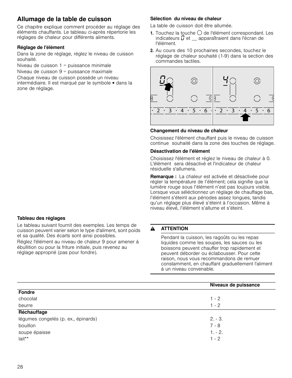 Allumage de la table de cuisson, Réglage de l'élément, Niveau de cuisson 1 = puissance minimale | Niveau de cuisson 9 = puissance maximale, Sélection du niveau de chaleur, La table de cuisson doit être allumée, Changement du niveau de chaleur, Désactivation de l'élément, Remarque, Tableau des réglages | Bosch NET8066SUC User Manual | Page 28 / 56