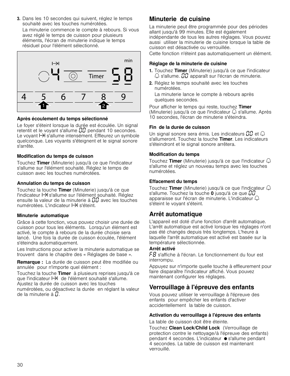 Après écoulement du temps sélectionné, Modification du temps de cuisson, Annulation du temps de cuisson | Minuterie automatique, Remarque, Minuterie de cuisine, Réglage de la minuterie de cuisine, Fin de la durée de cuisson, Modification du temps, Effacement du temps | Bosch NET8066SUC User Manual | Page 30 / 56