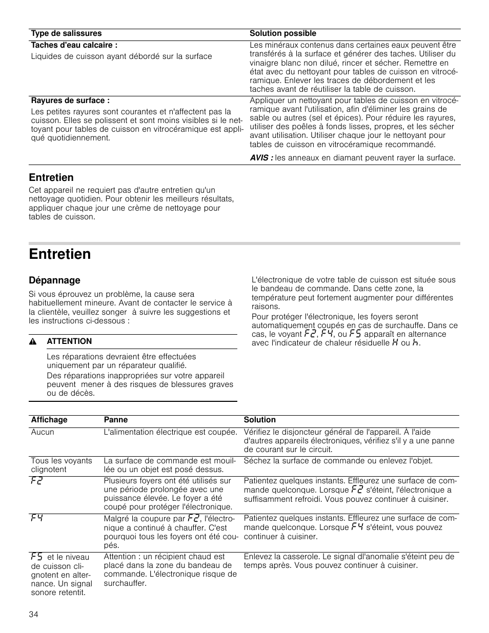 Entretien, Dépannage, 9 attention | Tien dépannage | Bosch NET8066SUC User Manual | Page 34 / 56