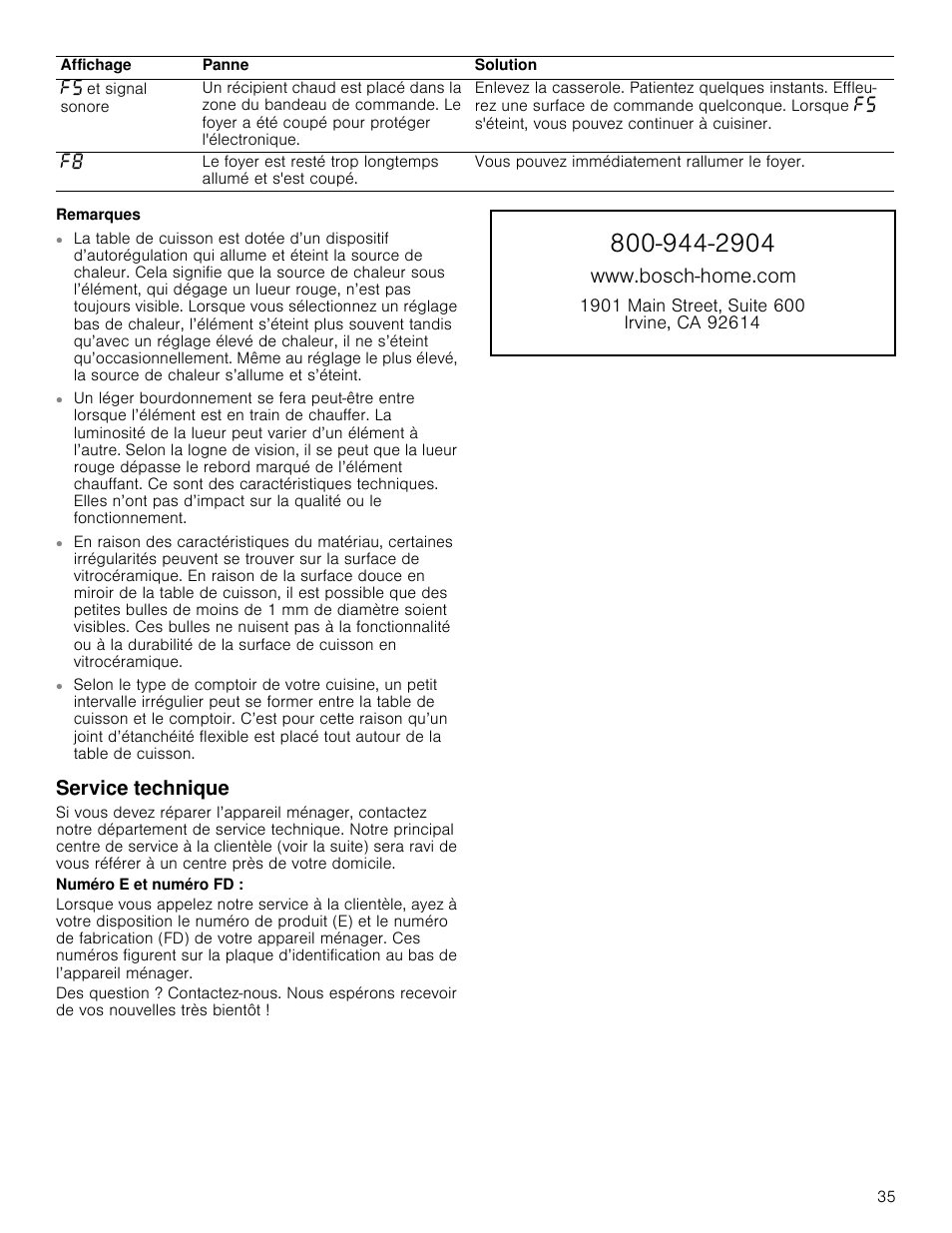 Remarques, Service technique, Numéro e et numéro fd | Zzzervfkkrphfrp | Bosch NET8066SUC User Manual | Page 35 / 56