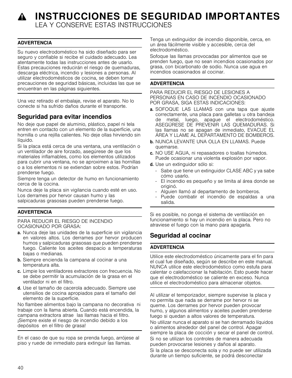 Instrucciones de seguridad importantes, Lea y conserve estas instrucciones, Advertencia | Seguridad para evitar incendios, D. use un extinguidor sólo si, Seguridad al cocinar, Nunca levante una olla en llamas. puede quemarse | Bosch NET8066SUC User Manual | Page 40 / 56