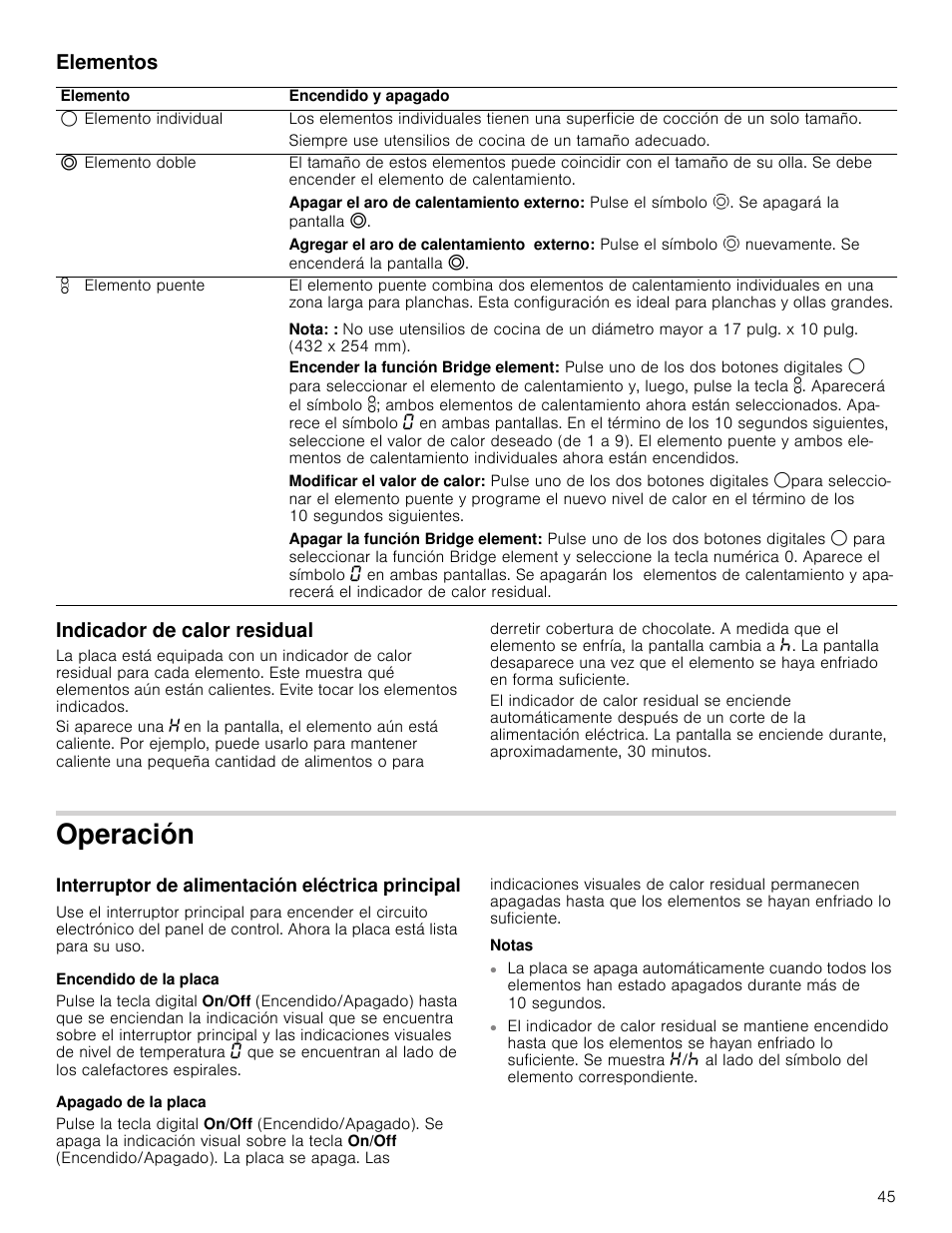 Elementos, Indicador de calor residual, Operación | Interruptor de alimentación eléctrica principal, Encendido de la placa, Apagado de la placa, Notas, Elementos indicador de calor residual | Bosch NET8066SUC User Manual | Page 45 / 56