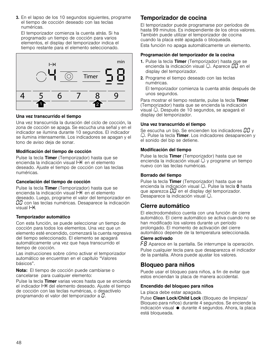 Una vez transcurrido el tiempo, Modificación del tiempo de cocción, Cancelación del tiempo de cocción | Temporizador automático, Nota, Temporizador de cocina, Programación del temporizador de la cocina, Modificación del tiempo, Borrado del tiempo, Cierre automático | Bosch NET8066SUC User Manual | Page 48 / 56