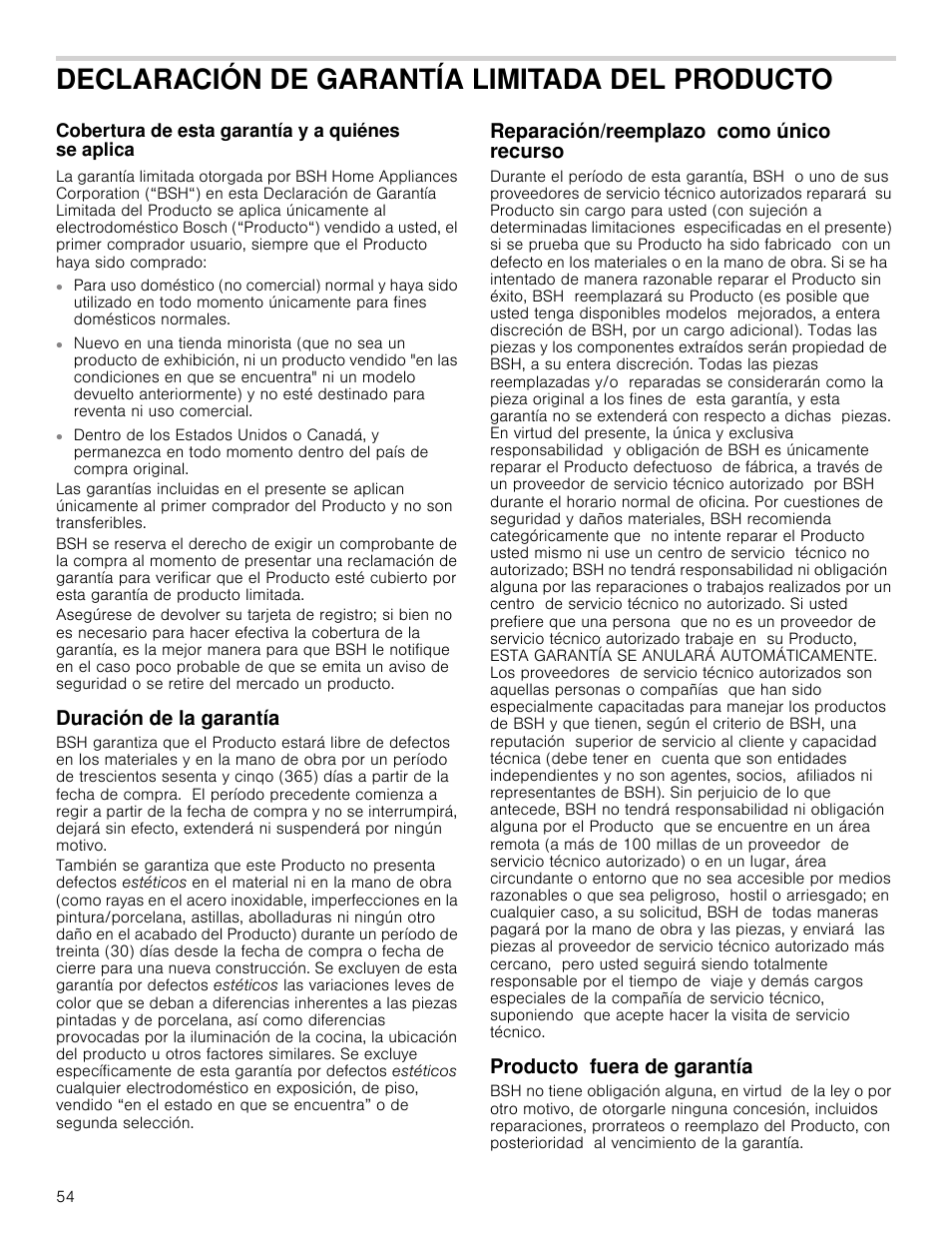 Declaración de garantía limitada del producto, Cobertura de esta garantía y a quiénes se aplica, Duración de la garantía | Reparación/reemplazo como único recurso, Producto fuera de garantía | Bosch NET8066SUC User Manual | Page 54 / 56