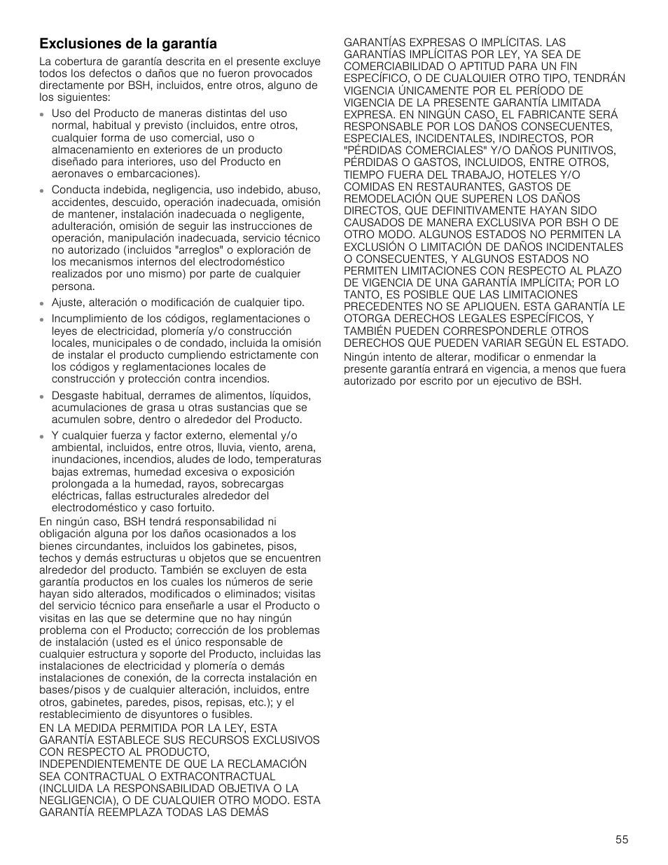 Exclusiones de la garantía | Bosch NET8066SUC User Manual | Page 55 / 56