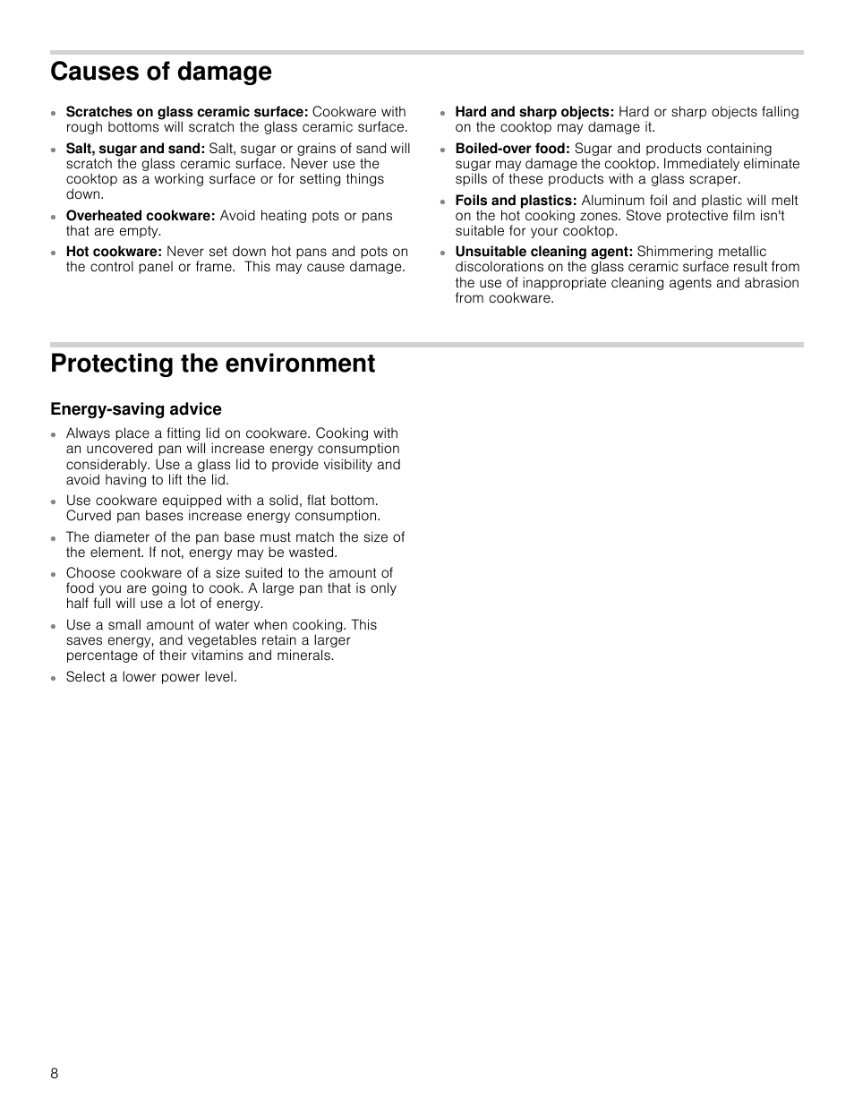 Causes of damage, Protecting the environment, Energy-saving advice | Vironment energy-saving advice | Bosch NET8066SUC User Manual | Page 8 / 56