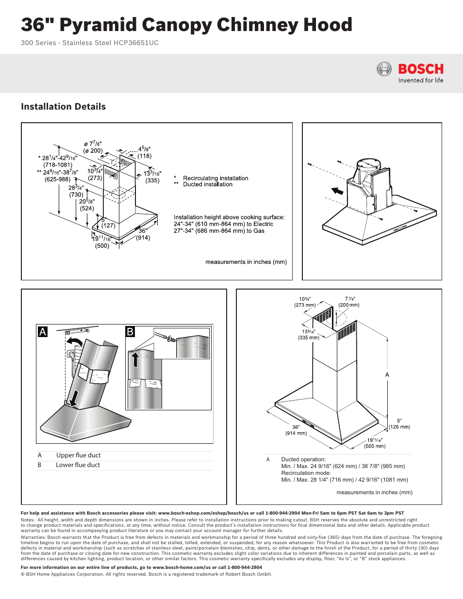 36" pyramid canopy chimney hood, Installation details | Bosch HCP36651UC User Manual | Page 2 / 2