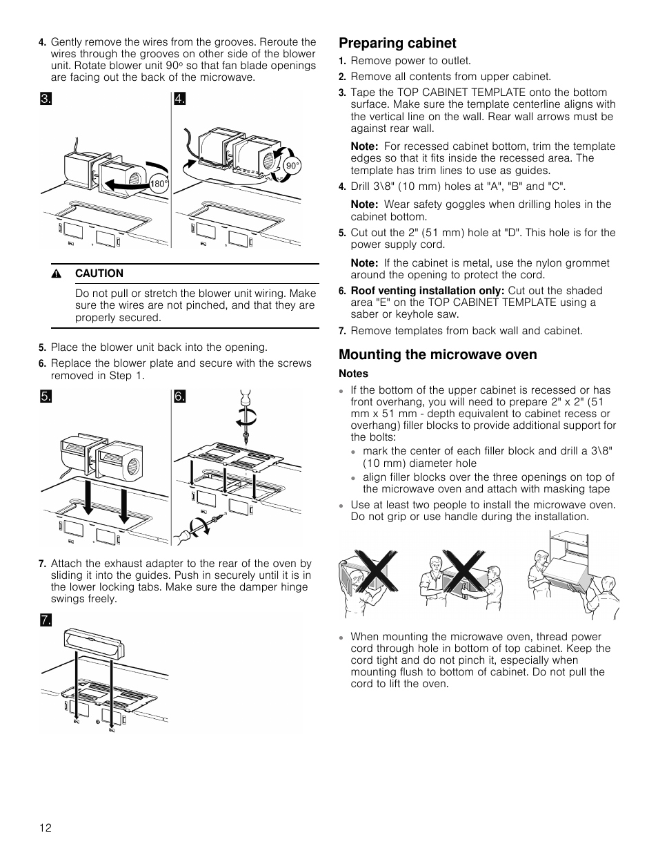 9 caution, Place the blower unit back into the opening, Preparing cabinet | Remove power to outlet, Remove all contents from upper cabinet, Note, Drill 3\8" (10 mm) holes at "a", "b" and "c, Remove templates from back wall and cabinet, Mounting the microwave oven, Notes | Bosch HMV5052U User Manual | Page 12 / 32