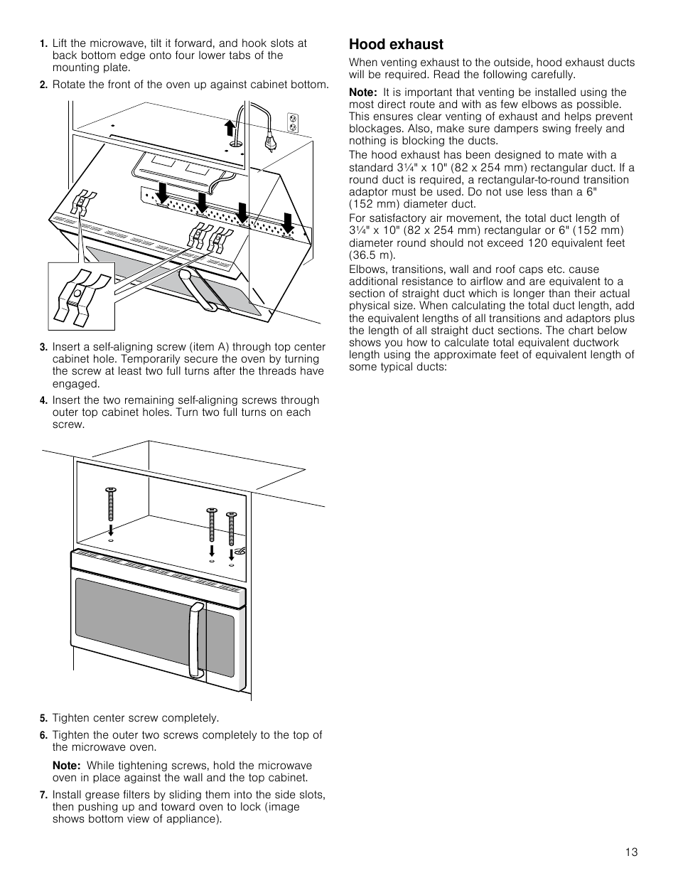 Tighten center screw completely, Note, Hood exhaust | Bosch HMV5052U User Manual | Page 13 / 32