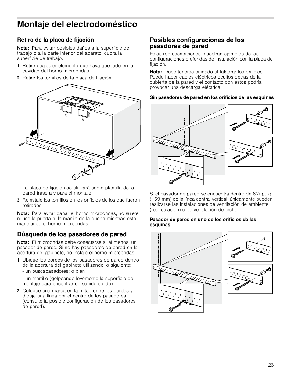 Montaje del electrodoméstico, Retiro de la placa de fijación, Nota | Retire los tornillos de la placa de fijación, Búsqueda de los pasadores de pared, Posibles configuraciones de los pasadores de pared, De pared | Bosch HMV5052U User Manual | Page 23 / 32