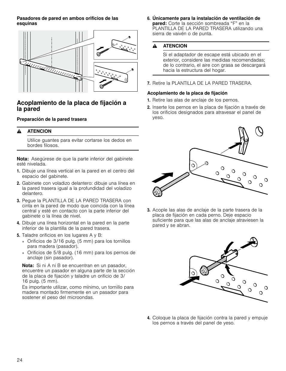 Acoplamiento de la placa de fijación a la pared, Preparación de la pared trasera, 9 atencion | Nota, Taladre orificios en los lugares a y b, Retire la plantilla de la pared trasera, Acoplamiento de la placa de fijación, Retire las alas de anclaje de los pernos | Bosch HMV5052U User Manual | Page 24 / 32