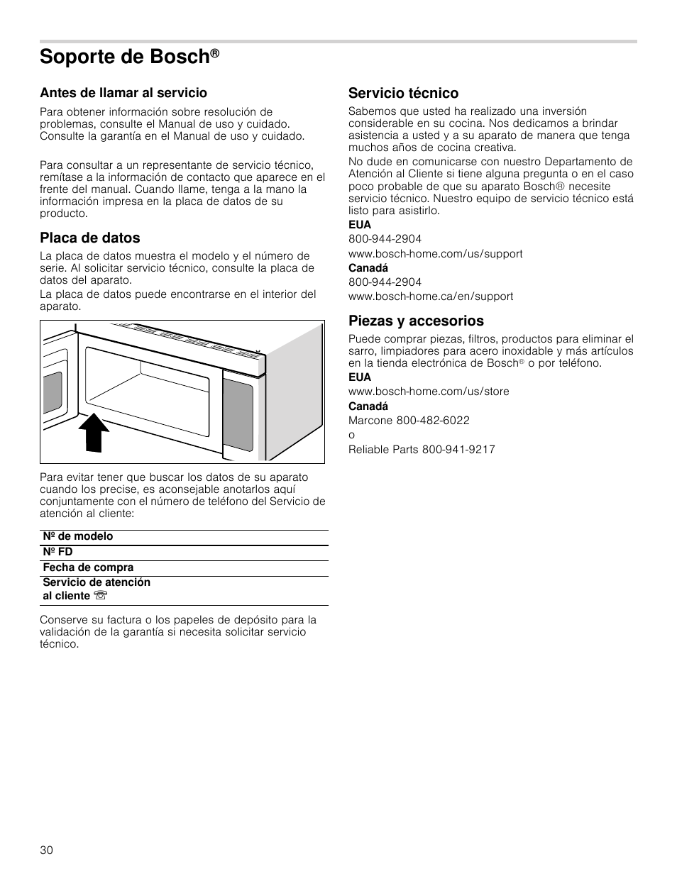 Soporte de bosch, Antes de llamar al servicio, Placa de datos | Servicio técnico, Piezas y accesorios | Bosch HMV5052U User Manual | Page 30 / 32