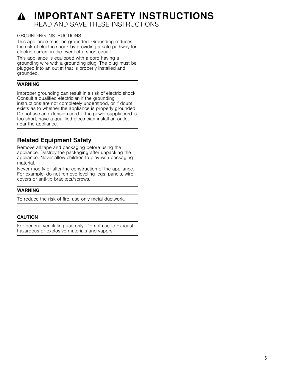 Warning, Related equipment safety, Caution | Important safety instructions, Read and save these instructions | Bosch HMV5052U User Manual | Page 5 / 32
